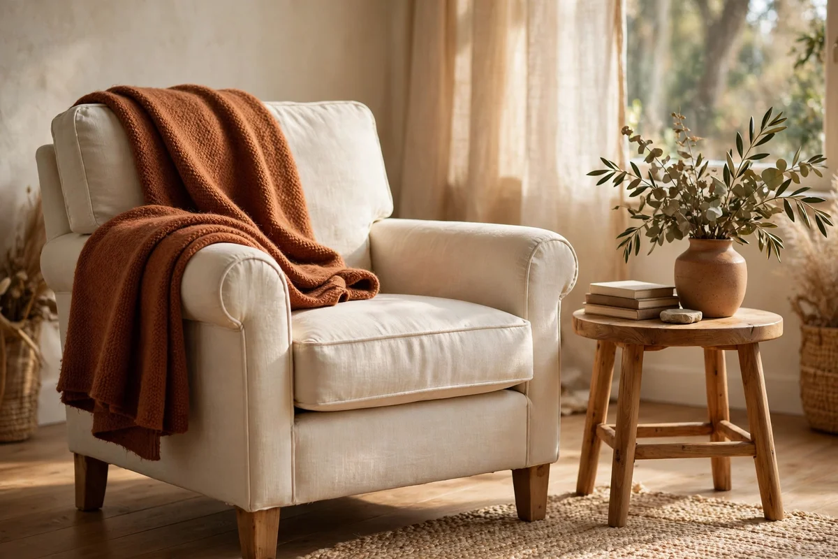 Terracotta throw draped over a cream armchair