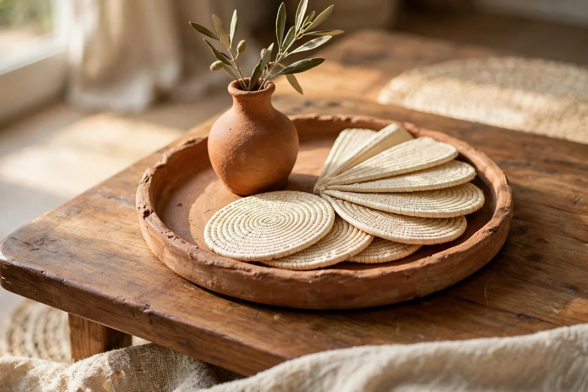 Coffee table styled with a clay tray and cream coasters