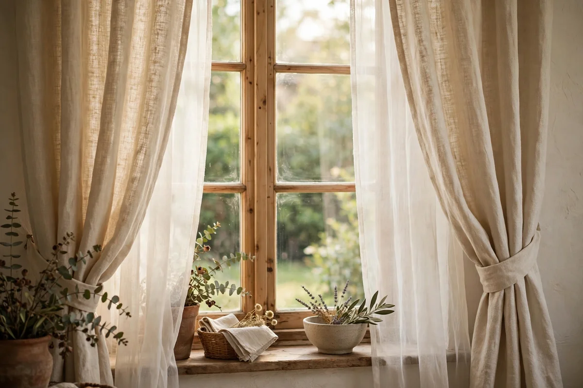 Double layered cream linen curtains diffusing warm daylight