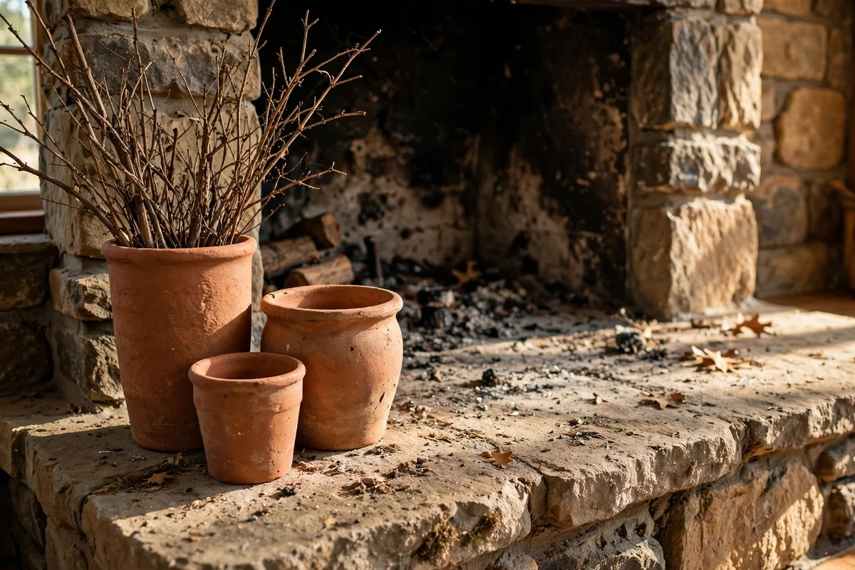 Terracotta pots styled along a fireplace hearth