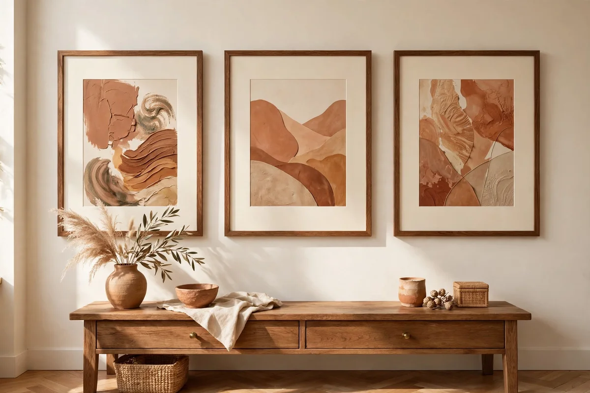 Wall art in clay tones with cream matting in wooden frames