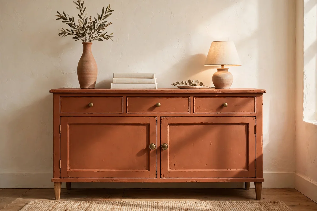 Terracotta sideboard styled with cream objects in a cream room