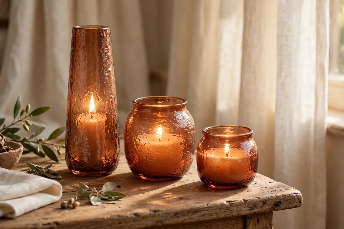 Terracotta glass candle holders glowing in the evening