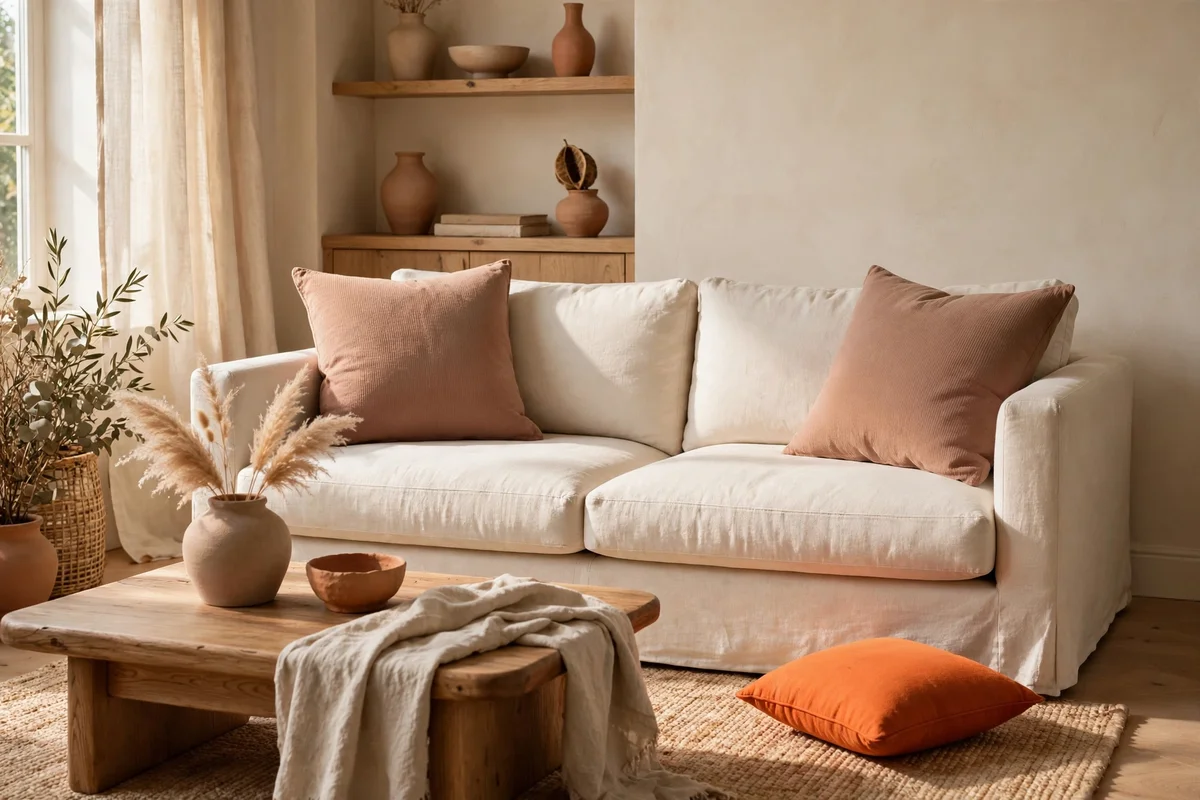 A calm room showing muted terracotta with no bright orange