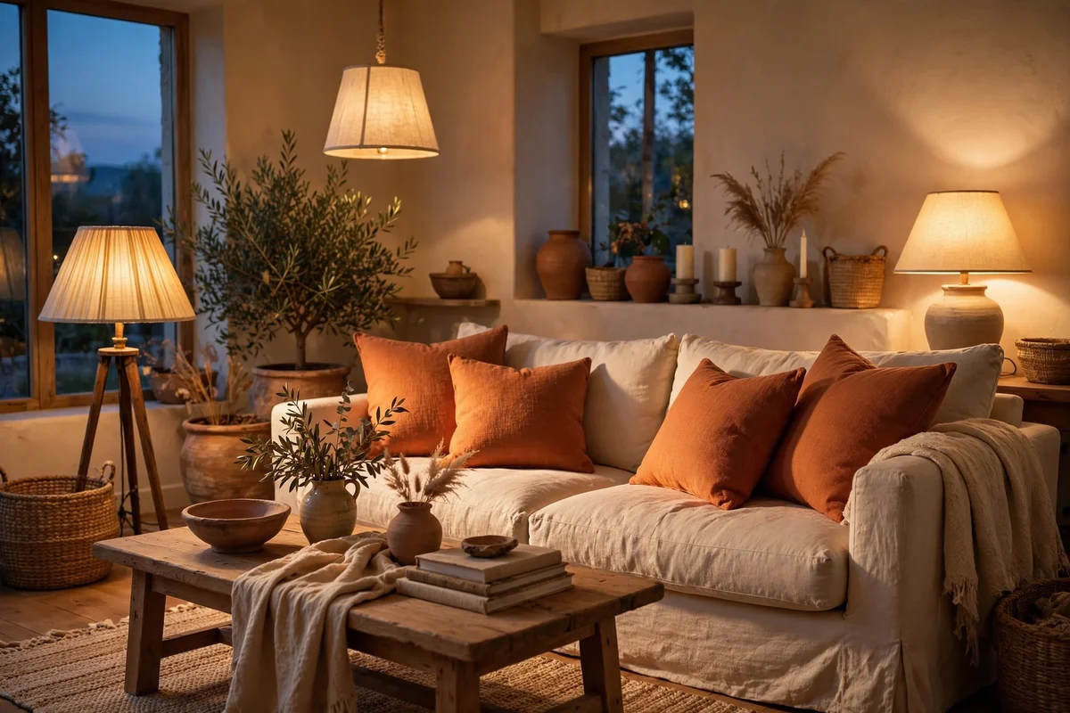 Warm lamplight making terracotta glow in a cream living room
