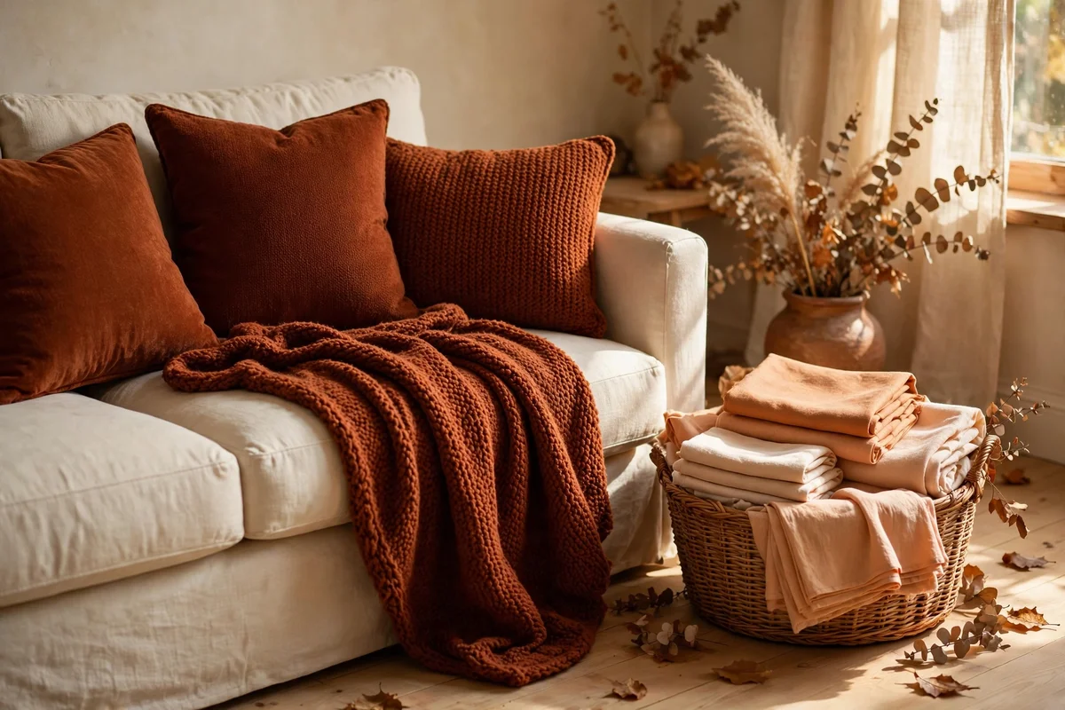 Seasonal textile refresh with rust and apricot clay tones on a cream sofa