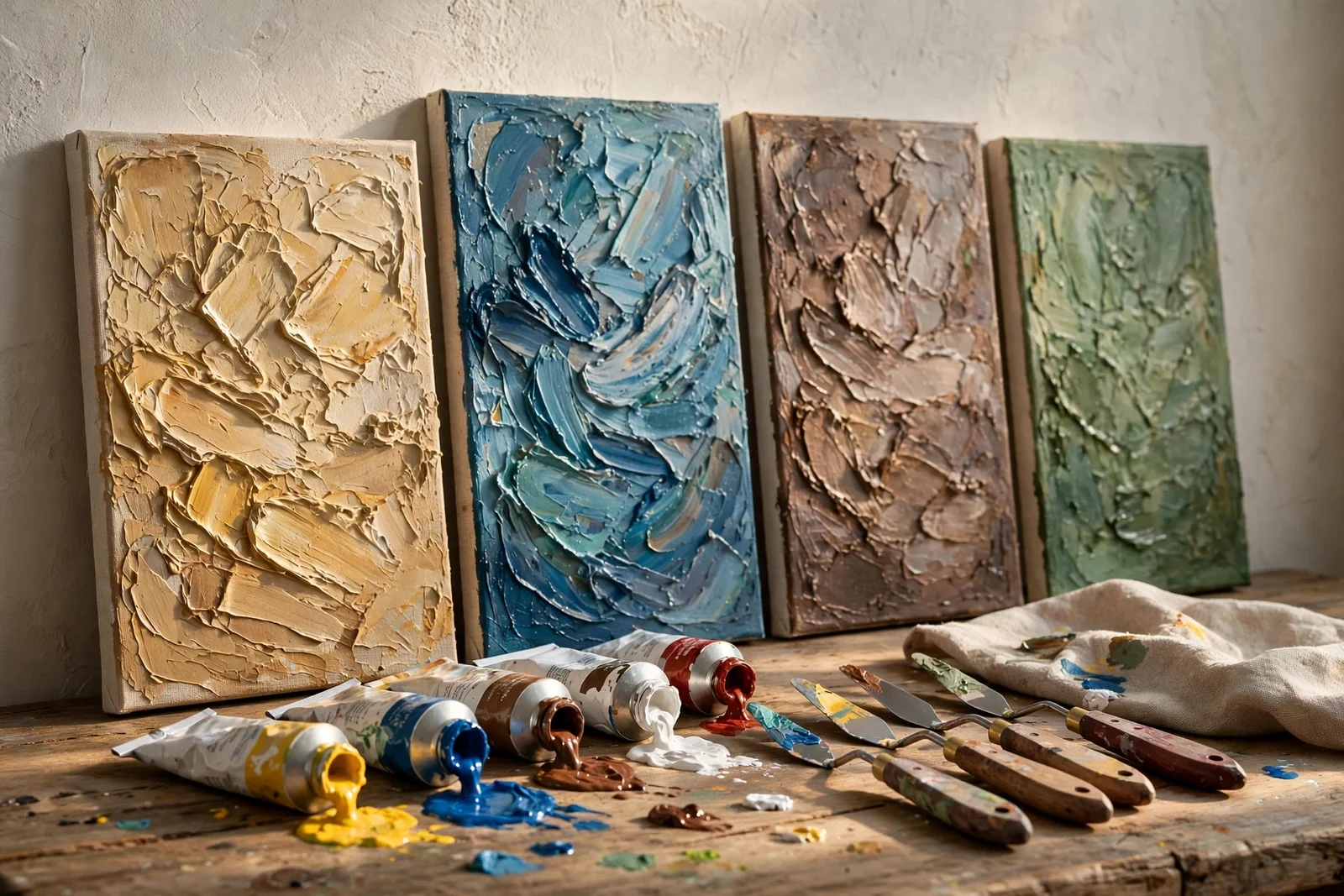 Textured canvases, palette knives and paint tubes arranged on a wooden table in warm light