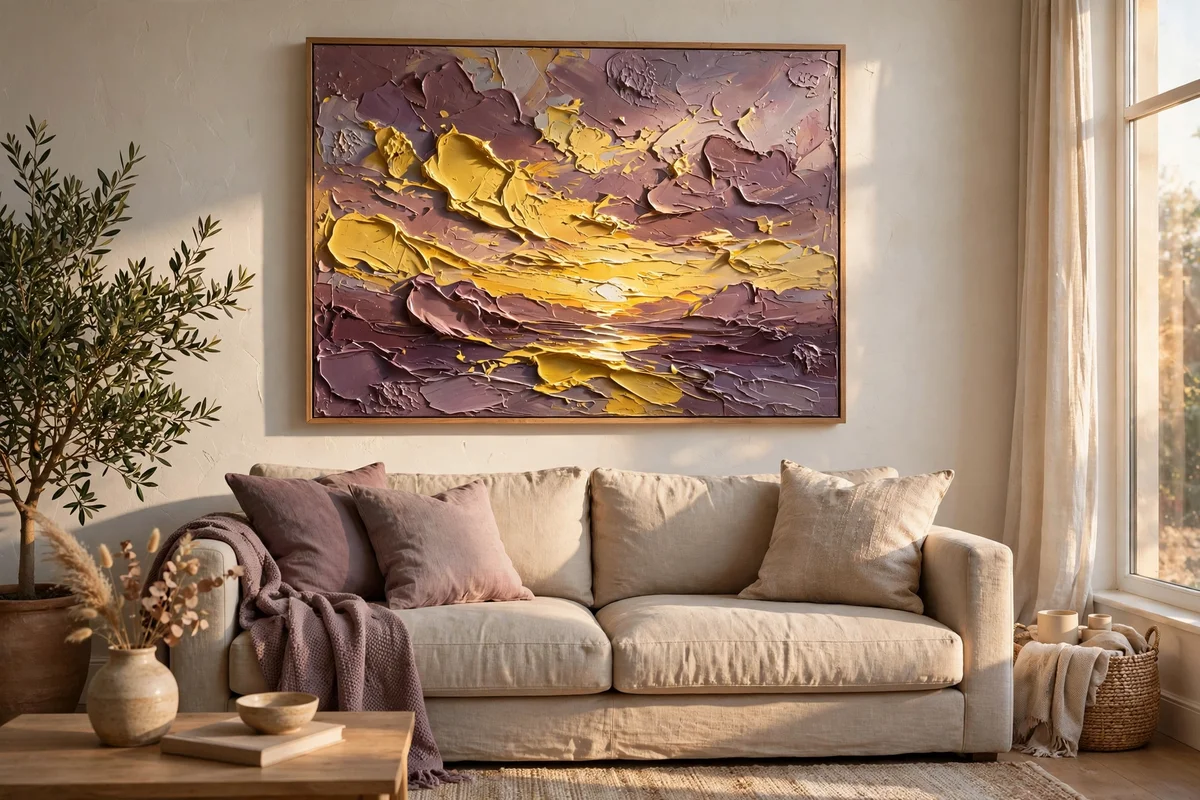 Thick impasto sunset painting in ochre and mauve hanging above a beige sofa