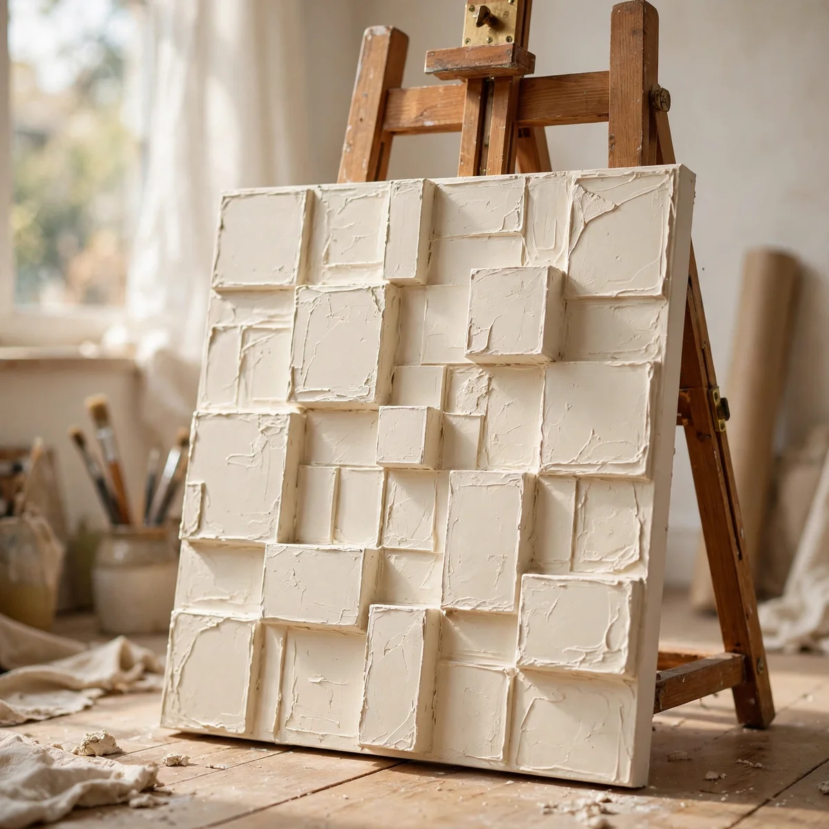 Square cream geometric relief panel with modelling paste blocks on an easel