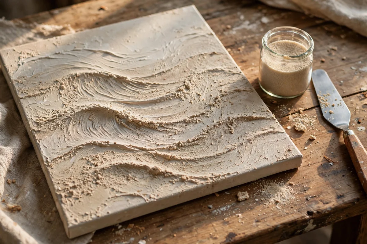 Canvas with gritty sand gesso texture in calm neutral waves on a worktable