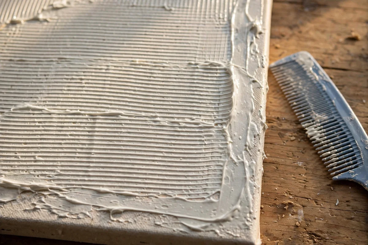 Canvas with fine combed parallel lines in white paste, comb on the table
