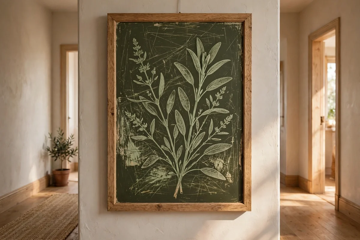 Dark olive canvas with sage botanical stems scratched through, oak frame