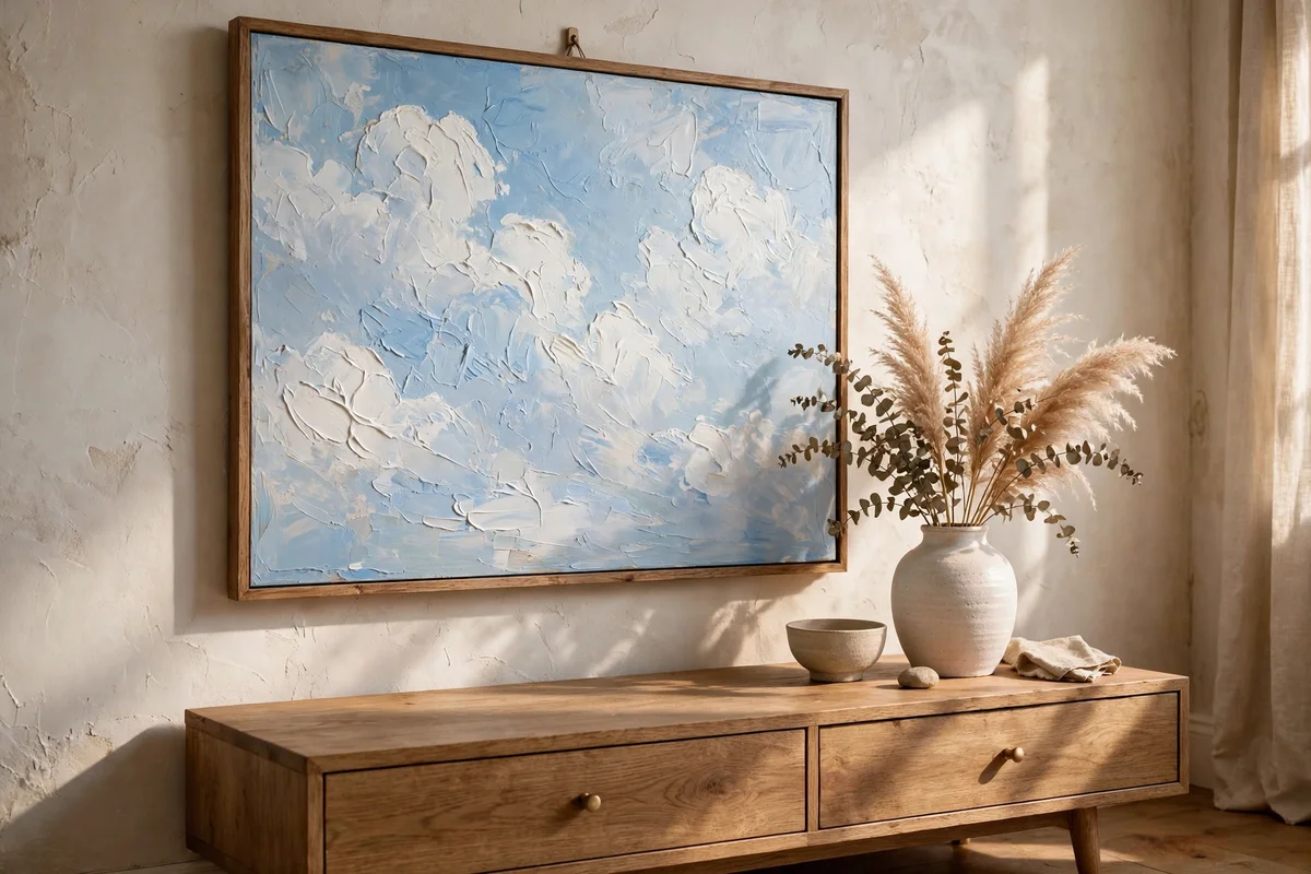 Soft impasto cloud painting in white and pale blue above a console table