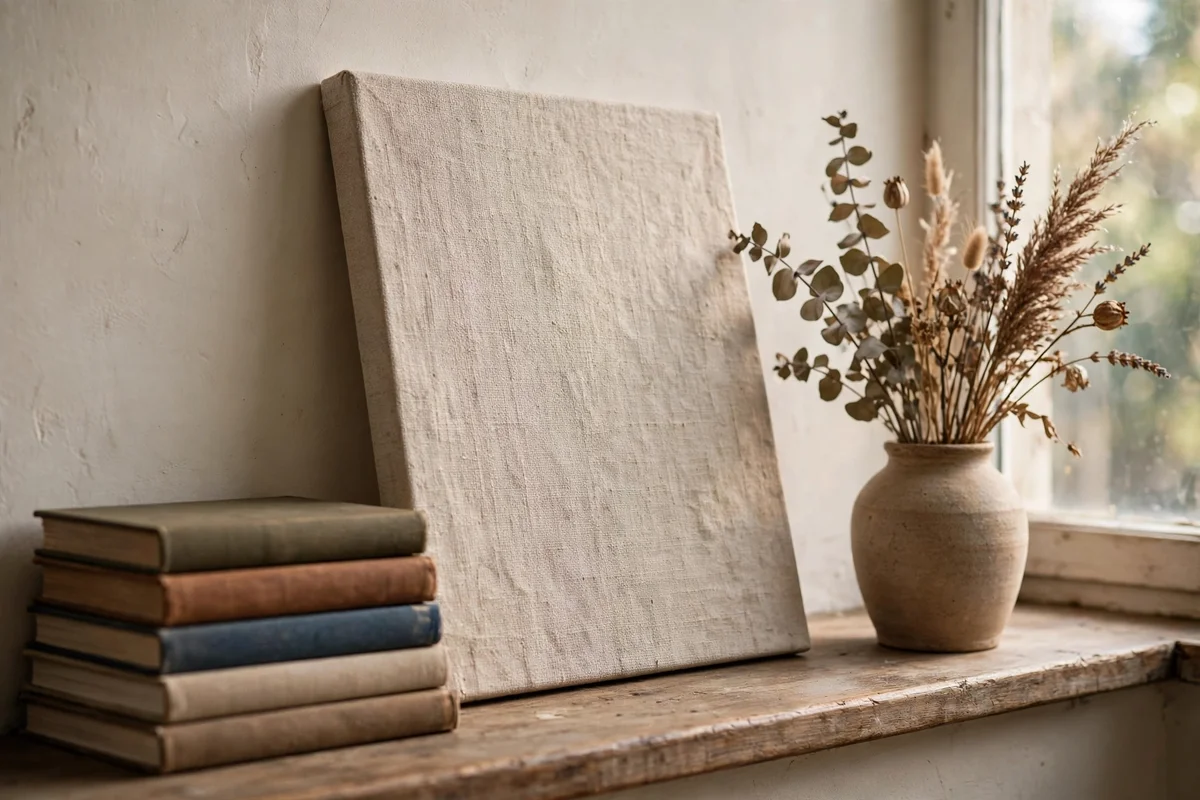 Textured canvas leaning on a wide windowsill beside art books and a vase