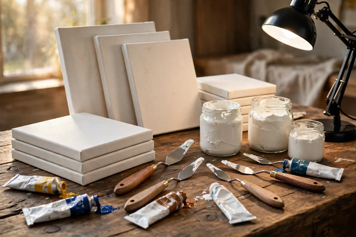Painting table with canvases, palette knives, paint tubes and paste jars