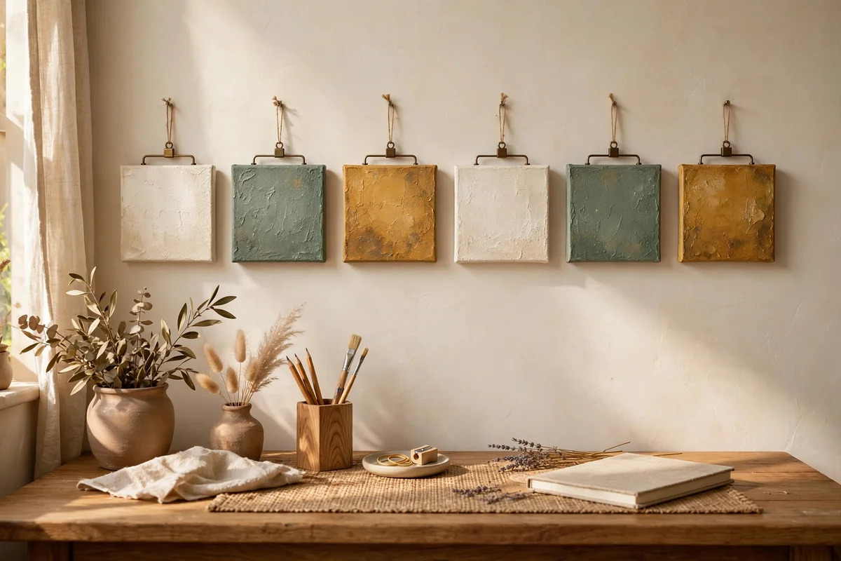 Row of six small textured square canvases in cream sage and ochre above a desk