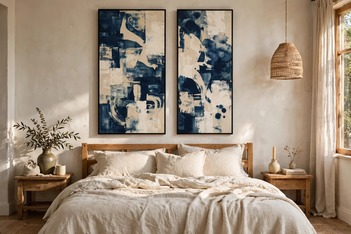 Diptych of two abstract paintings in heritage indigo and cream above a bed