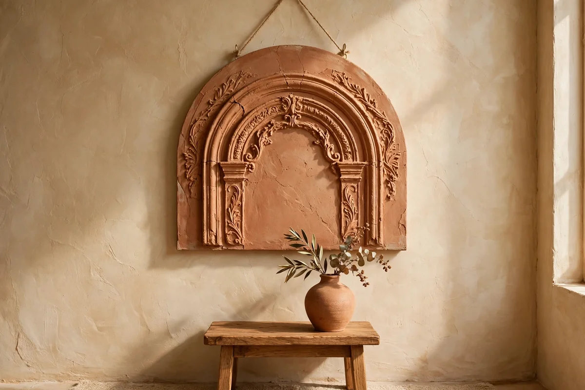 Arched canvas with raised terracotta plaster arch relief above a side table
