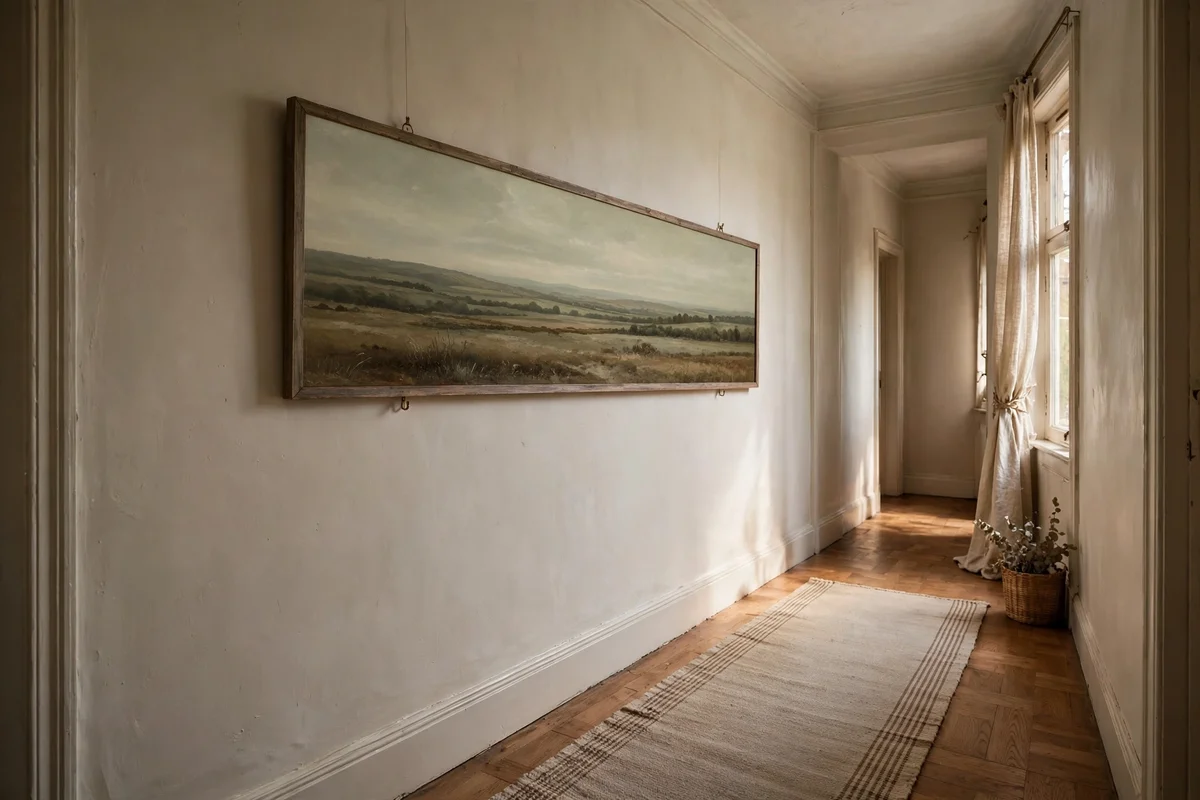 Long low horizon painting in muted sage and umber on a hallway wall