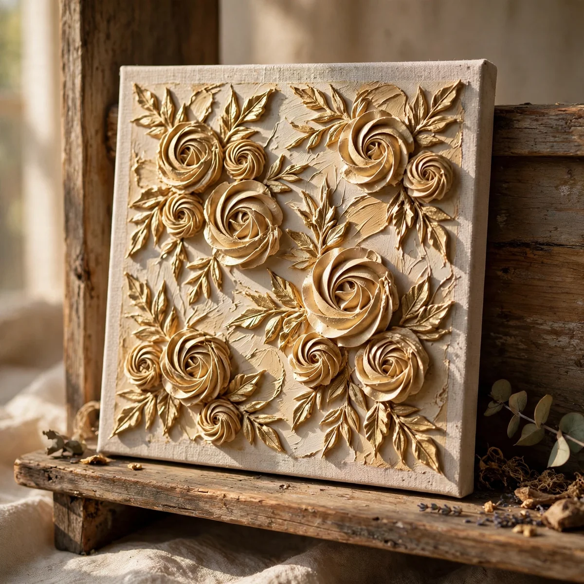 Square canvas with piped modelling paste rosettes dry brushed in gold