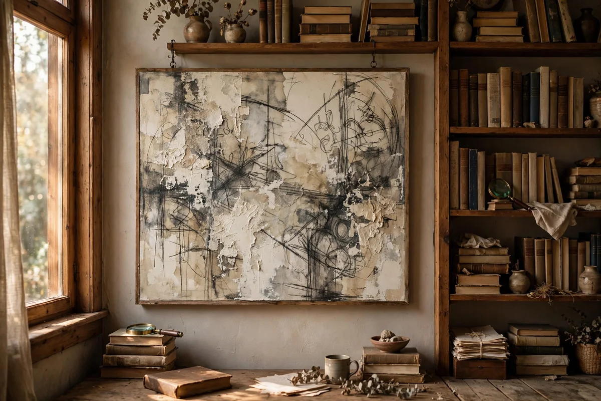 Canvas with charcoal underdrawing revealed through scraped cream washes