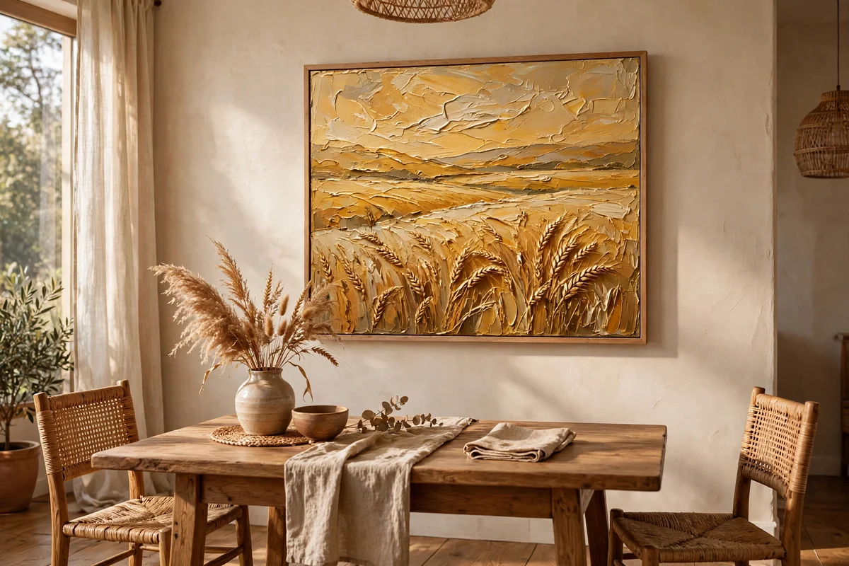 Golden field painting in ochre and wheat tones with thick knife strokes