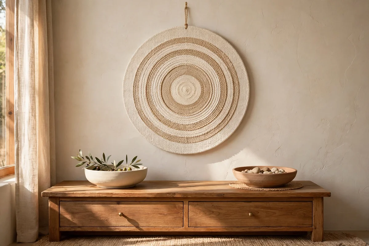 Round textured medallion canvas with cream and sand rings above a sideboard