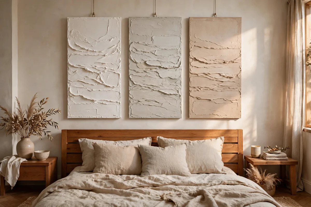 Three layered gesso panels in warm white stone and flax above a bed