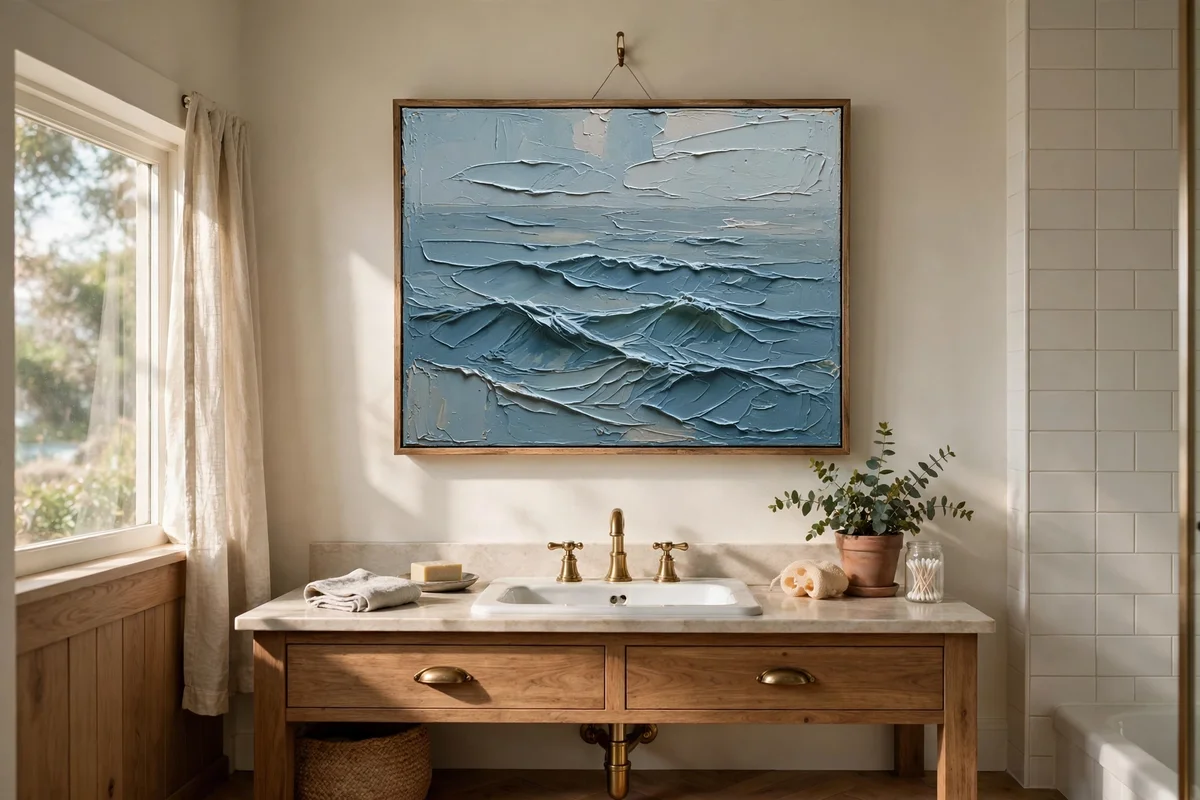 Muted blue coastal painting with palette knife sea ridges in a bathroom