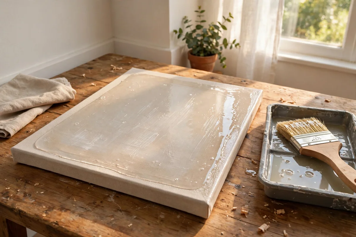 Canvas with fresh satin varnish coat on a table, brush resting in a tray