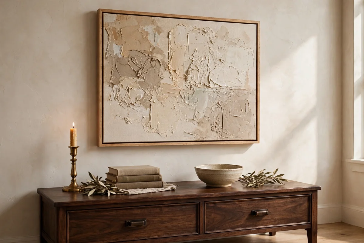 Textured canvas in an oak float frame above a dark walnut console