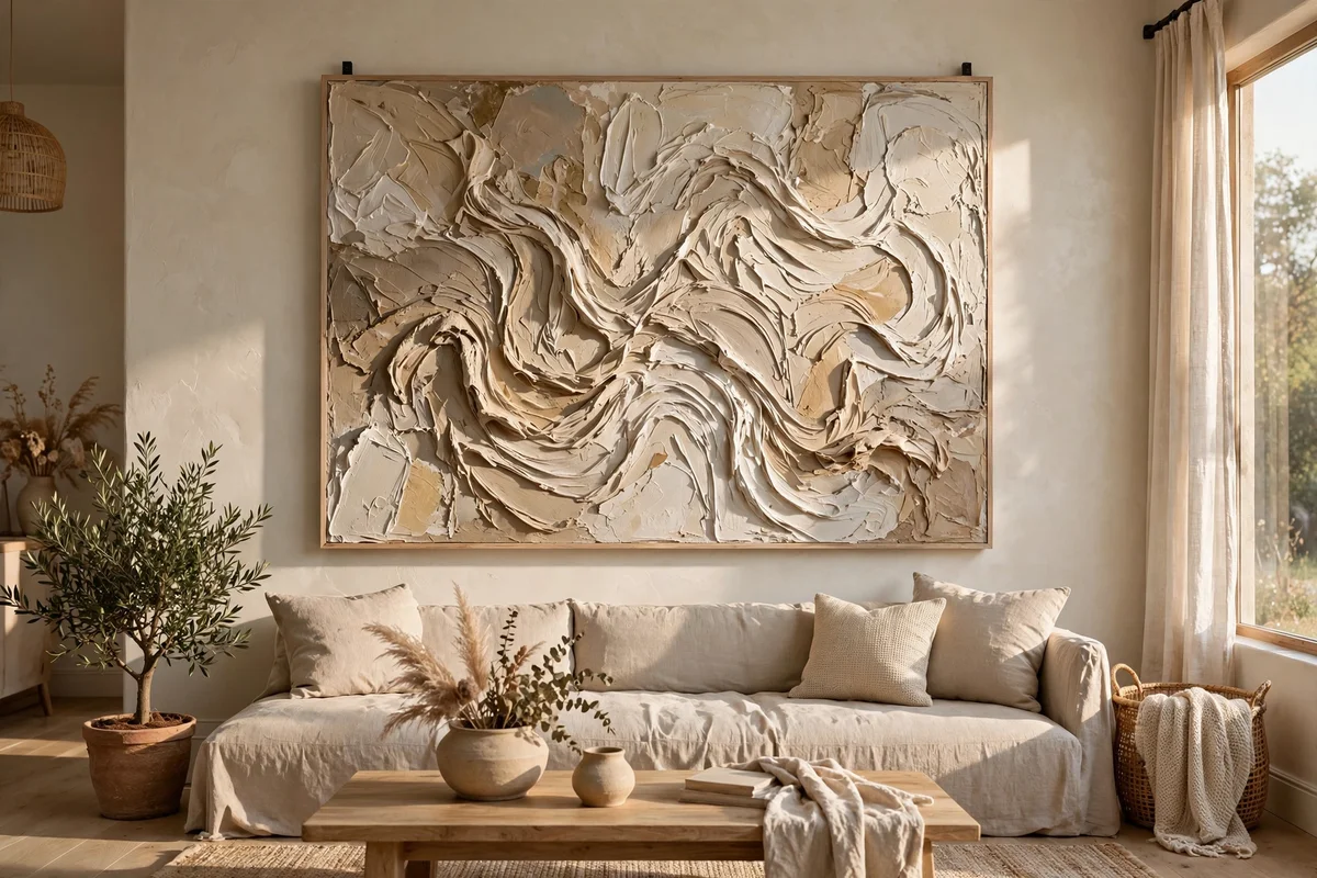 Oversized textured abstract painting above a long sofa in a living room