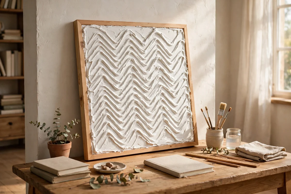 Square panel with white zigzag combed modelling paste texture in a study