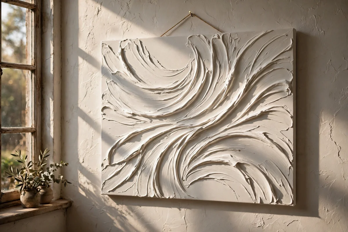 Ivory monochrome canvas with sweeping white impasto ridges in window light