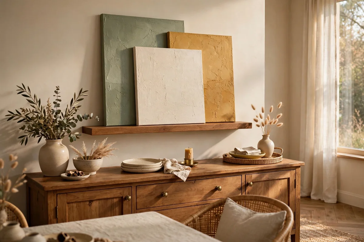 Picture ledge above a sideboard layered with textured canvases in heritage tones