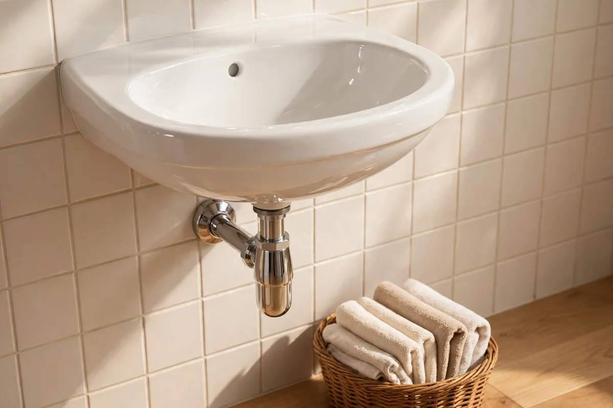 Wall hung basin with visible clear floor beneath and a basket of spare towels