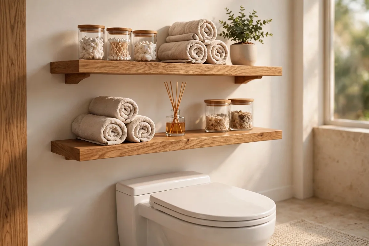 Two open shelves above the toilet styled with rolled towels, jars and a plant