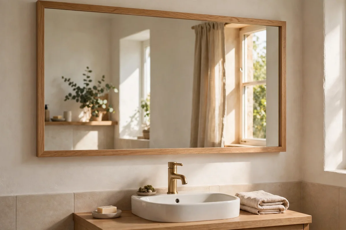 One large oak framed mirror above a compact bathroom basin