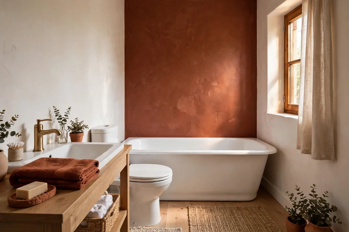 Light warm bathroom with one deep terracotta accent wall behind the bath