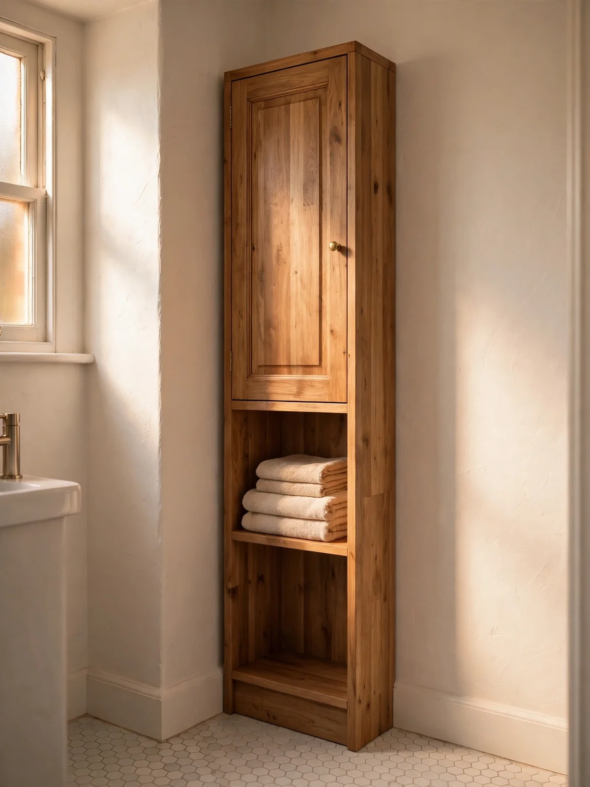 Tall narrow bathroom cabinet tucked into an unused corner
