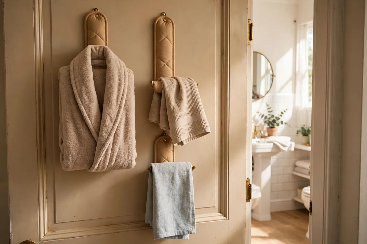Over door hooks on a bathroom door holding a robe, towel and cloth