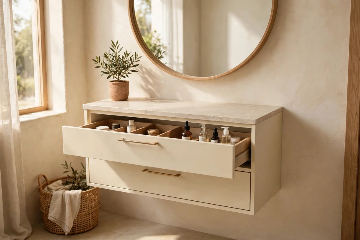 Compact wall hung vanity with deep drawers and a stone top