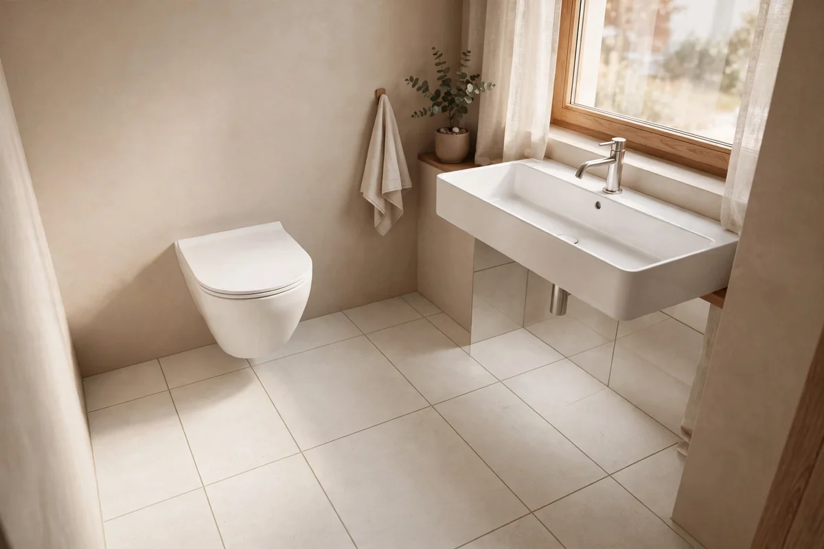 Large format floor tiles with slim grout lines in a tiny bathroom