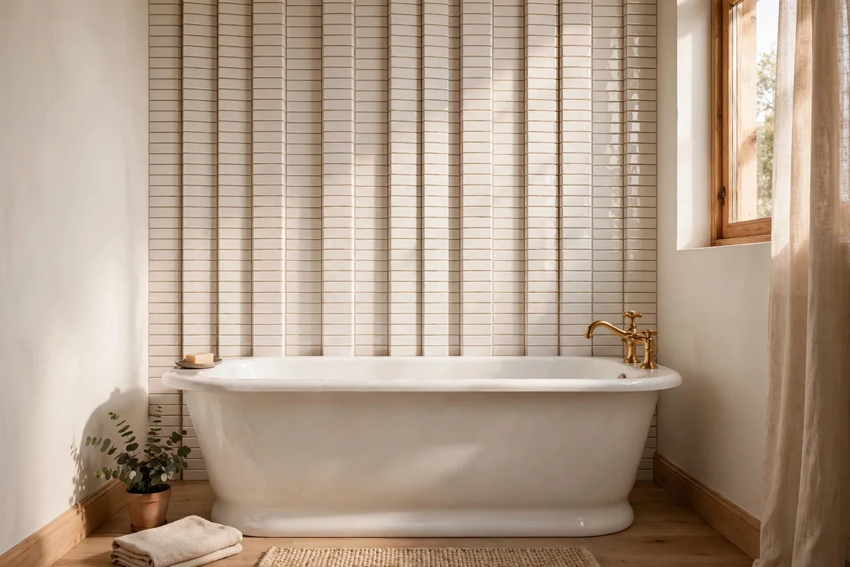 Subway tiles stacked vertically on a bathroom wall behind the bath