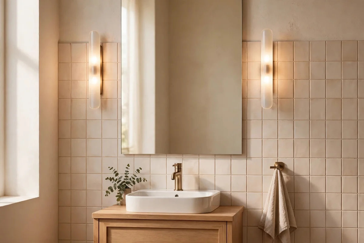 Twin sconce lights mounted at eye level beside a bathroom mirror