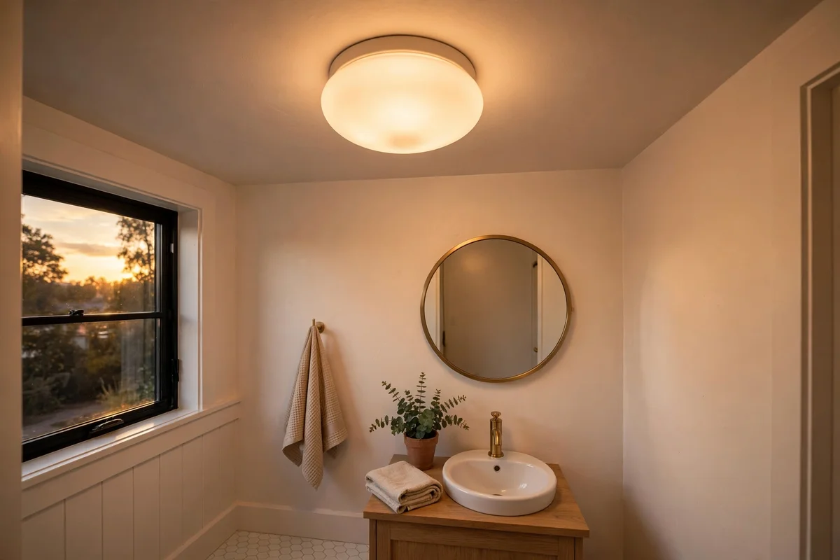 Flush ceiling light with a warm glow in a small bathroom