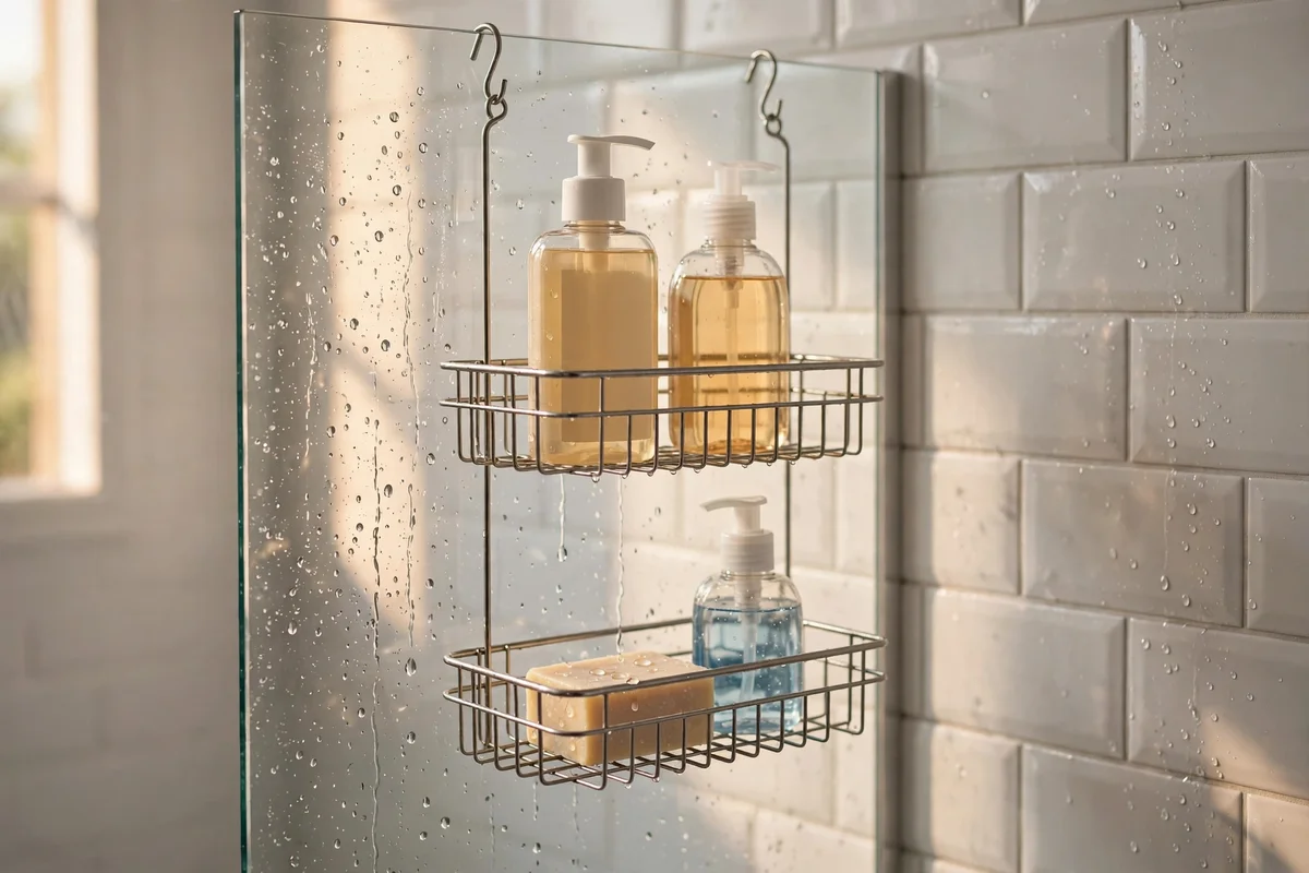 Two tier shower caddy hanging on a glass screen with bottles
