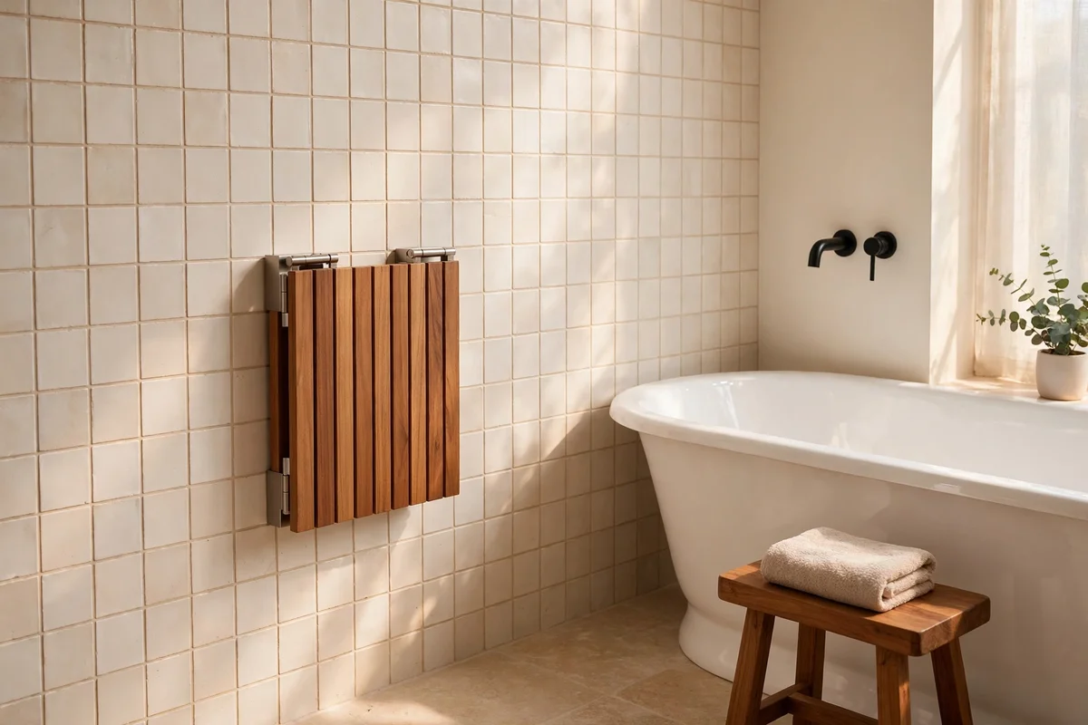 Teak fold down seat mounted on a bathroom wall beside the bath