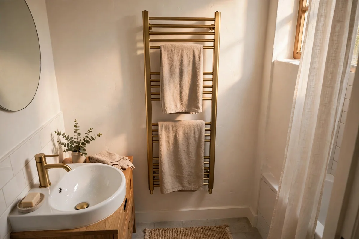 Tall slim heated towel rail in brushed brass with hanging towels