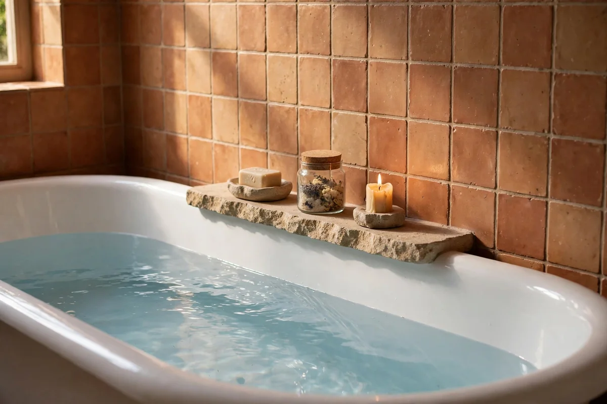 Narrow ledge shelf along the bath edge with soap dish and jar